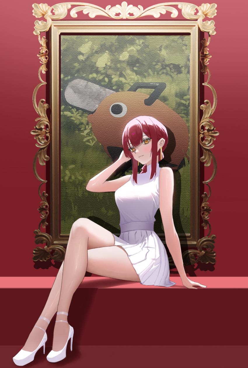 1girl arm_support bare_legs blush breasts chainsaw_man crossed_legs drawing dress high_heels highres light_smile looking_at_viewer makima_(chainsaw_man) medium_breasts picture_frame pleated_skirt pochita_(chainsaw_man) pupu_(pupu12123) red_hair ringed_eyes shirt skirt sleeveless sleeveless_shirt tennis_skirt white_dress white_footwear white_shirt yellow_eyes