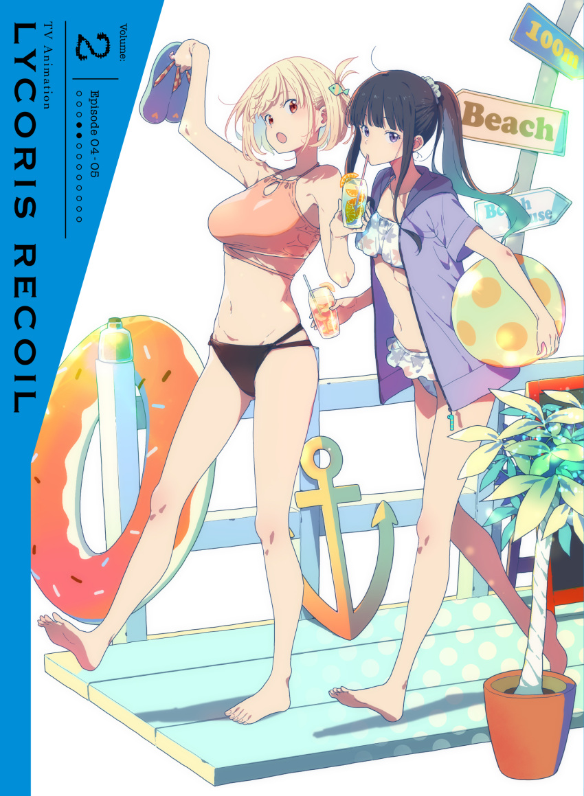 2girls absurdres anchor ball bangs bare_arms bare_legs bare_shoulders barefoot beachball belt bikini black_bikini black_hair blonde_hair breasts copyright_name cup drinking_straw feet fish_hair_ornament food frilled_bikini frills fruit hair_ornament hair_ribbon highres holding holding_clothes holding_cup holding_footwear imigimuru inoue_takina large_breasts lemon lemon_slice lemonade long_hair looking_at_viewer lycoris_recoil multiple_girls navel nishikigi_chisato official_art open_mouth plant ponytail potted_plant purple_eyes red_belt red_eyes red_ribbon ribbon road_sign sandals scrunchie second-party_source short_hair sign soles swimsuit toes yuri