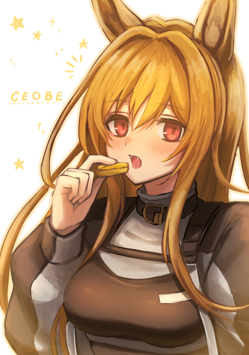 1girl 3_(sanyako1) ^^^ animal_ears arknights bangs blonde_hair blush breasts ceobe_(arknights) character_name collar cookie dog_ears eating fangs food highres holding holding_food long_hair long_sleeves looking_at_viewer medium_breasts open_mouth red_eyes simple_background solo star_(symbol) upper_body white_background