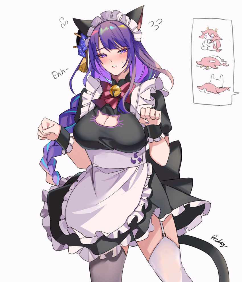 2girls absurdres alternate_costume animal_ears apron bangs bell blush braid braided_ponytail breasts cat_ears cat_tail english_commentary enmaided flying_sweatdrops frilled_apron frills garter_straps genshin_impact highres jingle_bell large_breasts long_hair looking_at_viewer maid maid_headdress meme mitsudomoe_(shape) mole mole_under_eye multiple_girls neck_ribbon paw_pose pink_hair puffy_short_sleeves puffy_sleeves purple_eyes purple_hair raiden_shogun red_ribbon ribbon rudang sad_cat_dance_(meme) short_sleeves simple_background sweatdrop tail thighhighs tomoe_(symbol) waist_apron white_apron white_background white_thighhighs wrist_cuffs yae_miko