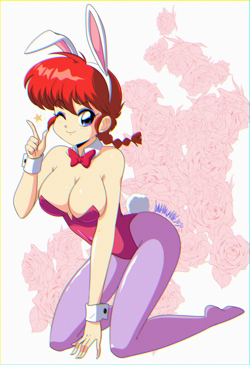 1girl absurdres animal_ears blue_eyes bow bowtie breasts cleavage closed_mouth danmakuman english_commentary fake_animal_ears fake_tail highres kneeling large_breasts leotard looking_at_viewer one_eye_closed pantyhose playboy_bunny purple_pantyhose rabbit_ears rabbit_tail ranma-chan ranma_1/2 red_bow red_bowtie red_hair red_leotard saotome_ranma smile solo tail wrist_cuffs