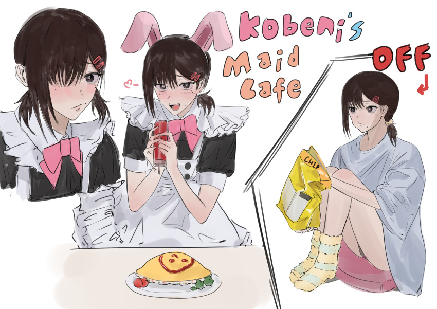 1girl absurdres animal_ears bangs black_hair blush buttericecreamm chainsaw_man chips_(food) eating egg food hair_bun hair_ornament hair_over_one_eye hairclip heart higashiyama_kobeni highres ketchup looking_at_viewer maid medium_hair mole mole_under_eye mole_under_mouth omelet omurice open_mouth rabbit_ears ribbon shirt simple_background single_hair_bun single_sidelock smile socks solo white_background white_shirt