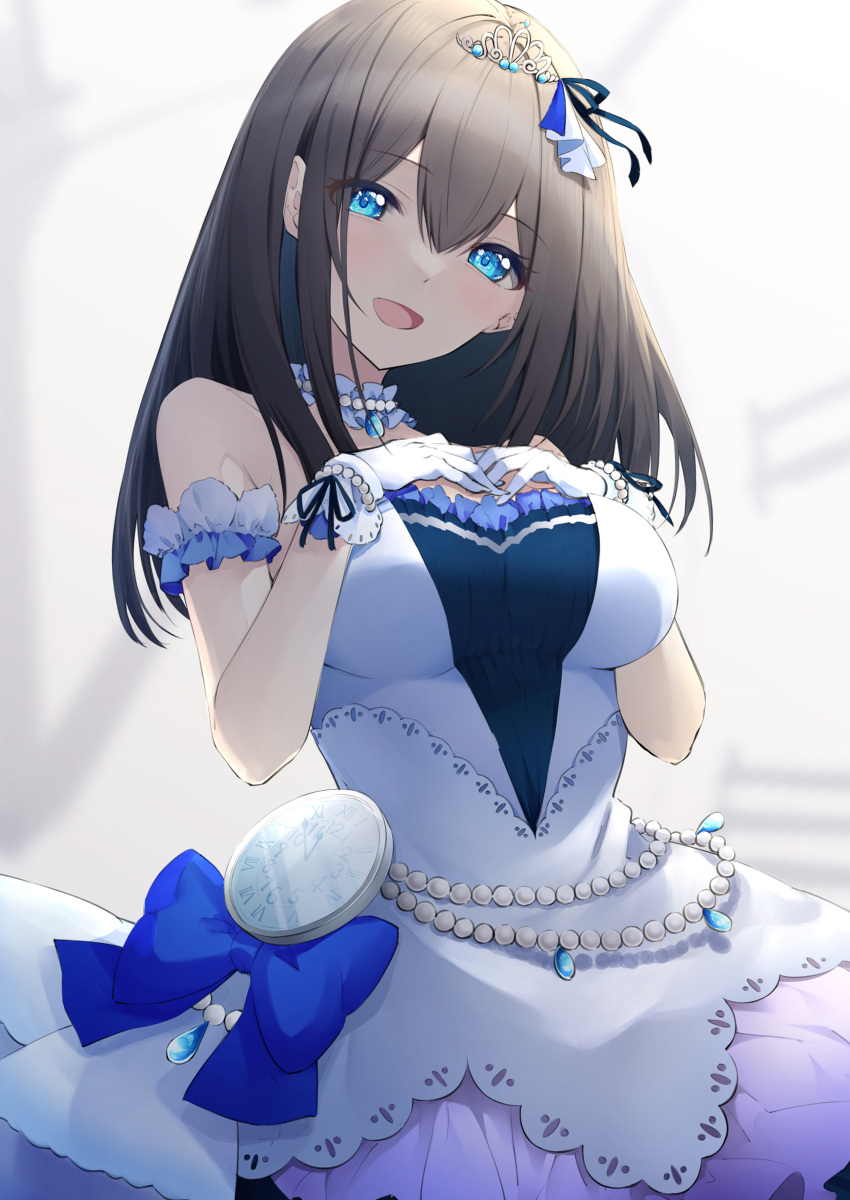 1girl absurdres armband black_hair blurry blurry_background blush breasts choker clock dress frilled_armband frilled_choker frills gloves hands_on_own_chest head_tilt highres idolmaster idolmaster_cinderella_girls jewelry large_breasts long_hair looking_at_viewer megurumiru necklace pearl_necklace sagisawa_fumika smile solo starry_sky_bright_(idolmaster) strapless strapless_dress tiara white_gloves wrist_cuffs