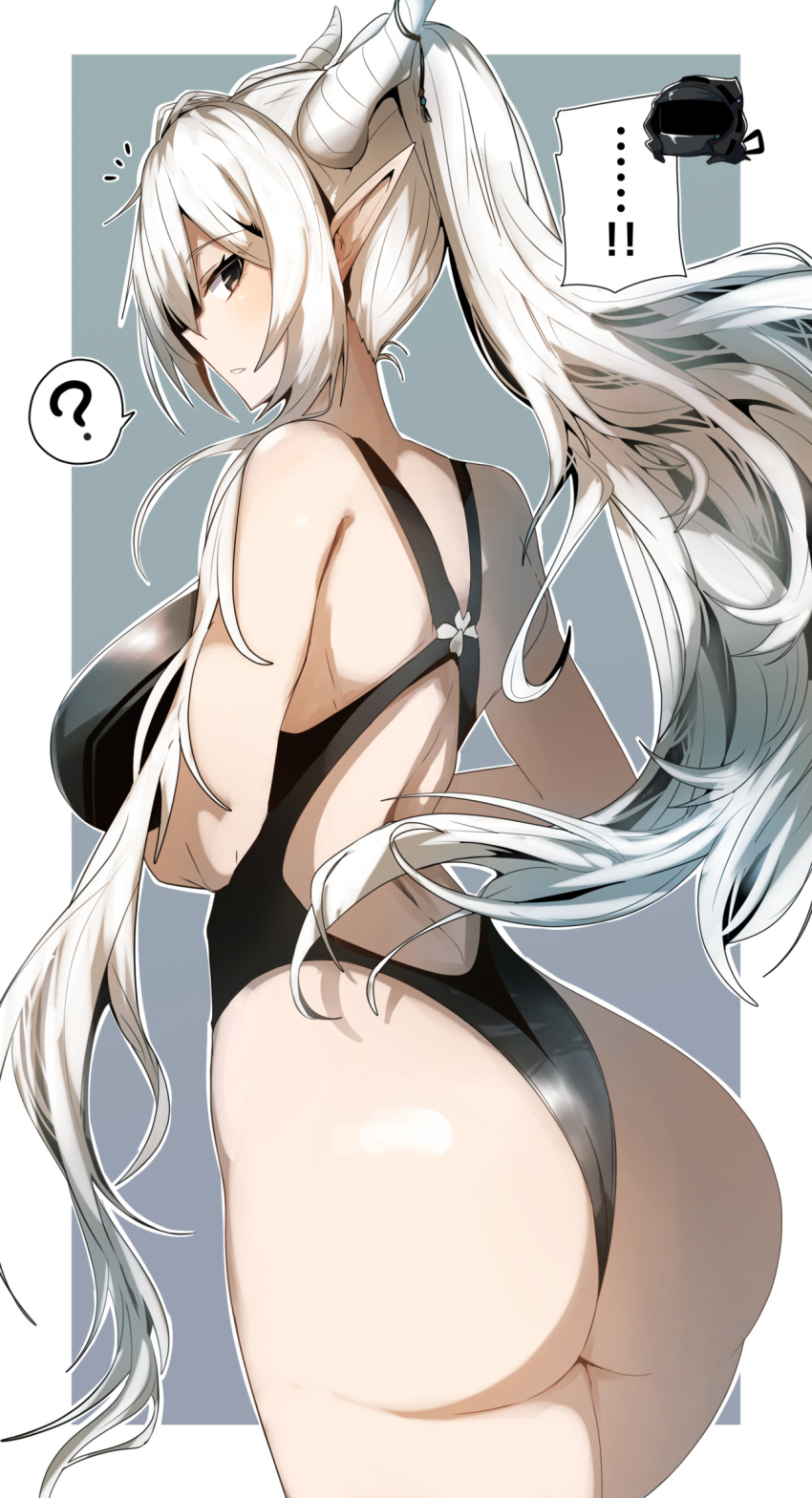 ... 1girl 1other ? ^^^ arknights ass back_cutout bare_shoulders black_one-piece_swimsuit blush border breasts brown_eyes chibi chibi_inset clothing_cutout competition_swimsuit cowboy_shot doctor_(arknights) gin_moku grey_background highres horns large_breasts long_hair looking_at_viewer looking_back mask one-piece_swimsuit outside_border parted_lips pointy_ears ponytail shining_(arknights) sidelocks simple_background speech_bubble spoken_question_mark swimsuit very_long_hair white_border