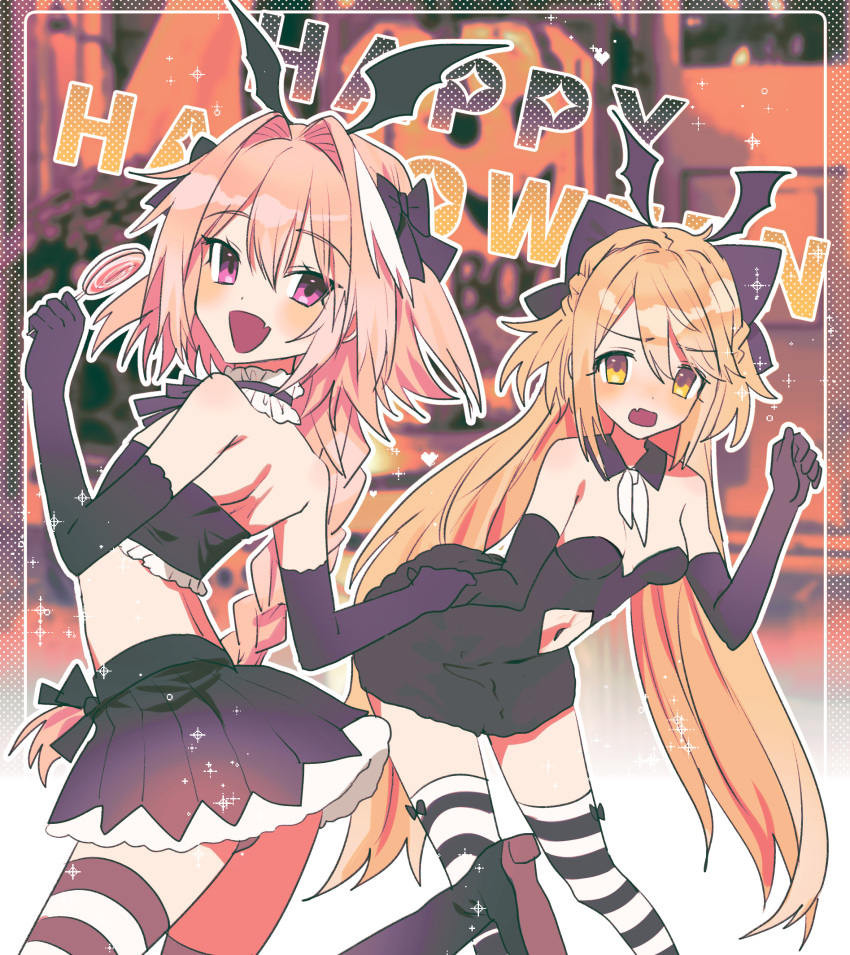 1boy 1girl astolfo_(fate) black_dress black_shirt black_skirt blonde_hair braid clothing_cutout crop_top crossdressing dress fate_(series) halloween halloween_costume happy_halloween highres holding_hands koyashaka liss_meier_(koyashaka) navel_cutout original otoko_no_ko pink_hair purple_eyes shirt skirt striped striped_thighhighs thighhighs yellow_eyes