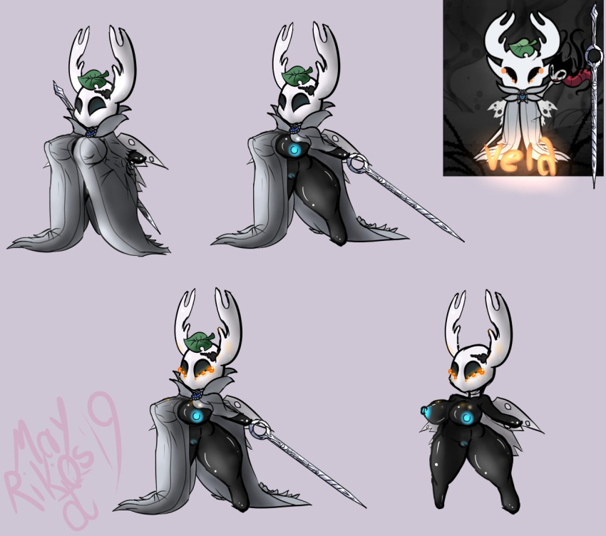 anthro areola arthropod big_breasts blue_areola blue_body breasts clothed clothing female genitals grey_clothing hollow_knight horn huge_thighs insect melee_weapon nipples nude pussy signature solo succubusbnny sword team_cherry thick_thighs vessel_(species) video_games weapon white_body