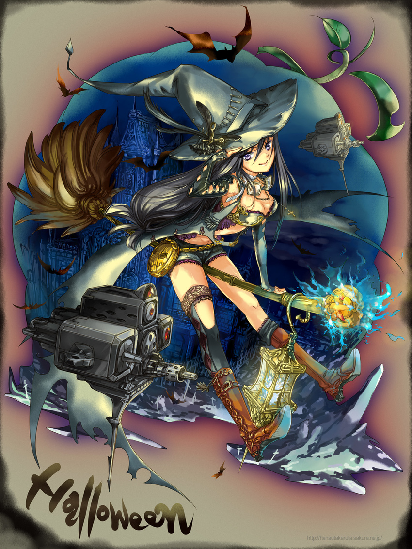 absurdres bat belt_pouch black_hair broom broom_riding cemetery choker church cleavage cross fingerless_gloves flying goggles graveyard halloween kan_satomi lamp necklace pumpkin purple_eyes robot short_shorts very_long_hair weapon witch witch_hat