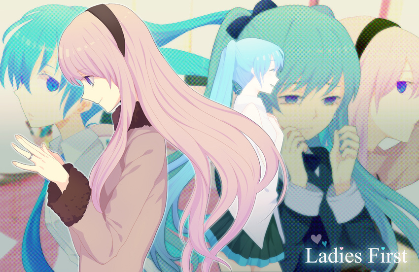 aqua_eyes aqua_hair bad_id bad_pixiv_id banned_artist hairband harano hatsune_miku jewelry ladies_first_(vocaloid) long_hair megurine_luka multiple_girls pink_hair profile ring smile tears twintails vocaloid