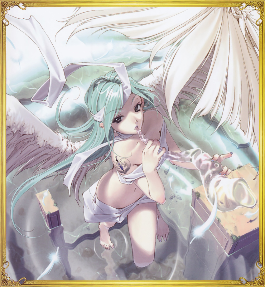 angel_wings aqua_hair barefoot copyright_request feathers foreshortening from_above full_body hidari_(left_side) highres instrument music navel playing_instrument siren_(mythology) solo tattoo trumpet wings