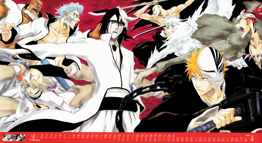 abarai_renji bleach calendar grimmjow_jeagerjaques hitsugaya_toushirou kurosaki_ichigo madarame_ikkaku male tite_kubo ulquiorra_schiffer watercolor yammy