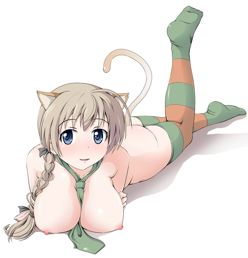 animal_ears between_breasts blue_eyes braid breast_rest breasts brown_hair cat_ears cat_tail hair_over_shoulder highres lambda_(kusowarota) large_breasts long_hair lying lynette_bishop multicolored multicolored_clothes multicolored_legwear necktie nipples nude single_braid solo strike_witches striped striped_legwear tail thighhighs world_witches_series