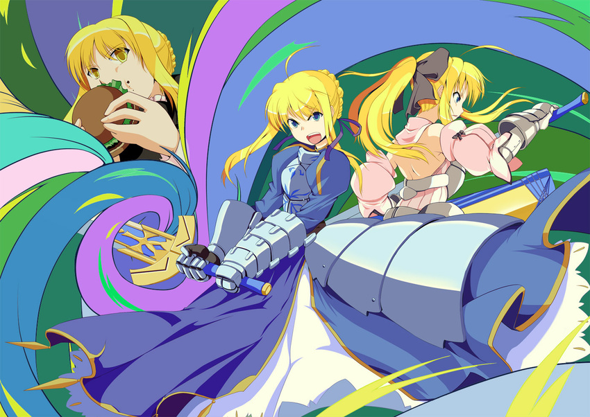 armor armored_dress artoria_pendragon_(all) avalon_(fate/stay_night) bad_id bad_pixiv_id dress excalibur fate/stay_night fate/unlimited_codes fate_(series) food hamburger moss_(sphere211) multiple_girls multiple_persona saber saber_alter saber_lily sheath sword weapon