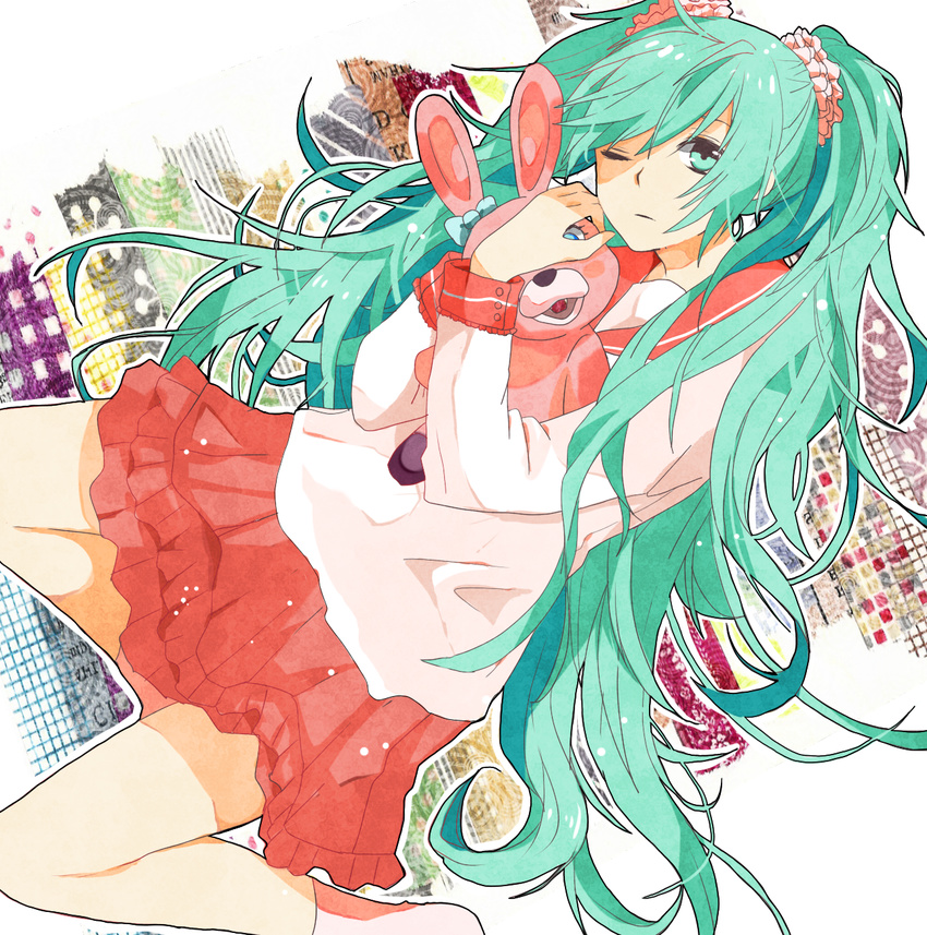 bad_id bad_pixiv_id bunny doll doll_hug green_eyes green_hair hatsune_miku highres long_hair lots_of_laugh_(vocaloid) mikaru9mikaru one_eye_closed school_uniform scrunchie serafuku skirt socks solo stuffed_animal stuffed_bunny stuffed_toy twintails very_long_hair vocaloid