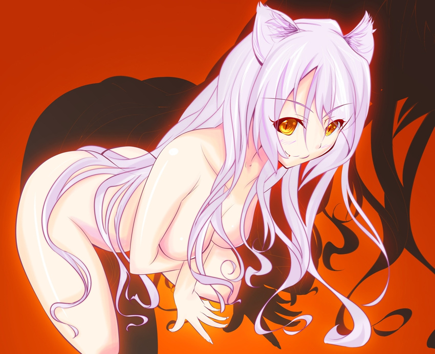 :3 animal_ears ass bakemonogatari black_hanekawa breasts cleavage hanekawa_tsubasa long_hair medium_breasts monogatari_(series) nekomonogatari nude oukasakura silver_hair solo very_long_hair white_hair yellow_eyes