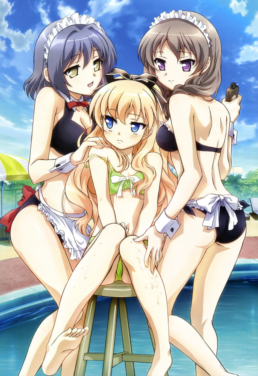 absurdres barefoot bikini blonde_hair blush breasts cleavage feet flat_chest girl_sandwich highres maid maid_bikini maid_headdress mayoi_neko_overrun! medium_breasts multiple_girls nakamoto_naoko nyantype pool ribbon sandwiched satou_(mayoi_neko_overrun!) small_breasts suzuki_(mayoi_neko_overrun!) swimsuit umenomori_chise