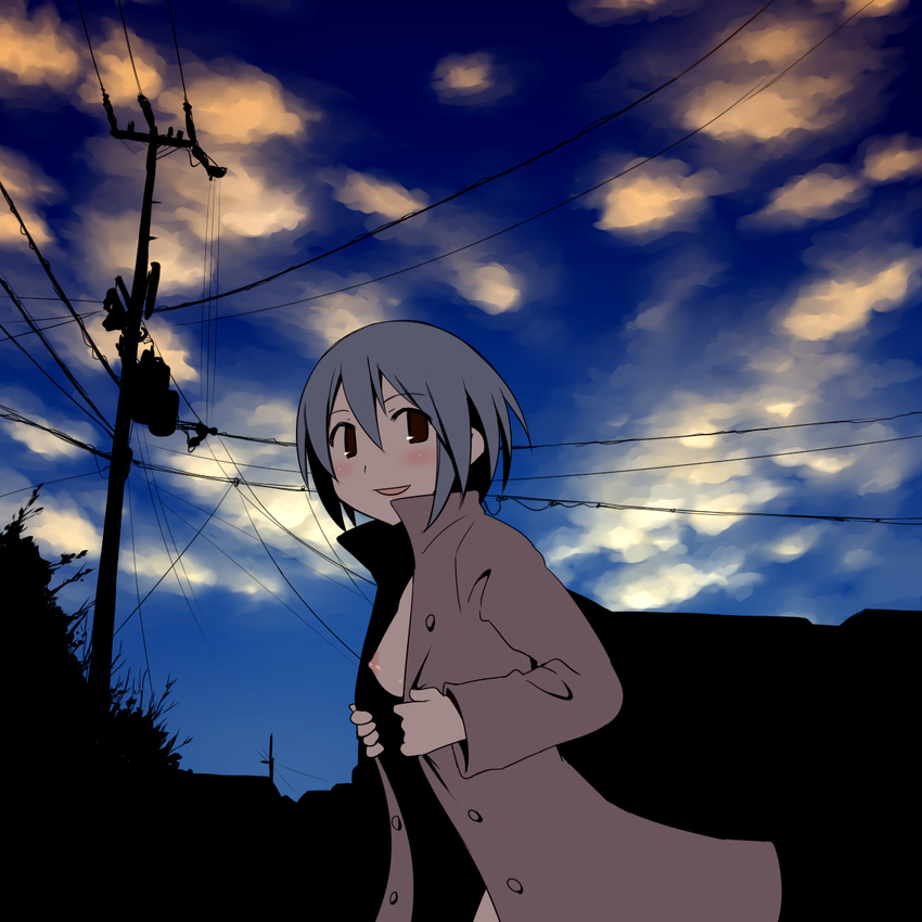 aaaa black_hair blush breasts brown_eyes cloud exhibitionism flashing highres naked_coat nipples original power_lines short_hair sky small_breasts smile solo telephone_pole transformer trench_coat twilight