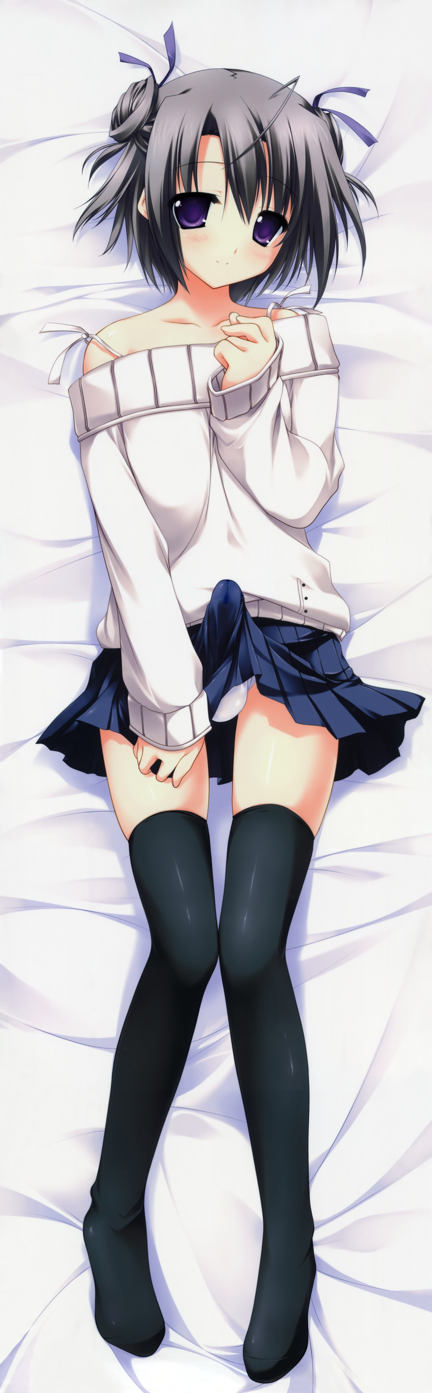 absurdres black_legwear blush bulge chikotam crossdressing dakimakura erection erection_under_clothes full_body highres kiss_to_lord_to_darjeeling lying male_focus on_back otoko_no_ko panties pleated_skirt purple_eyes sanjouji_shinobu short_hair skirt sleeves_past_wrists smile solo thighhighs underwear white_panties