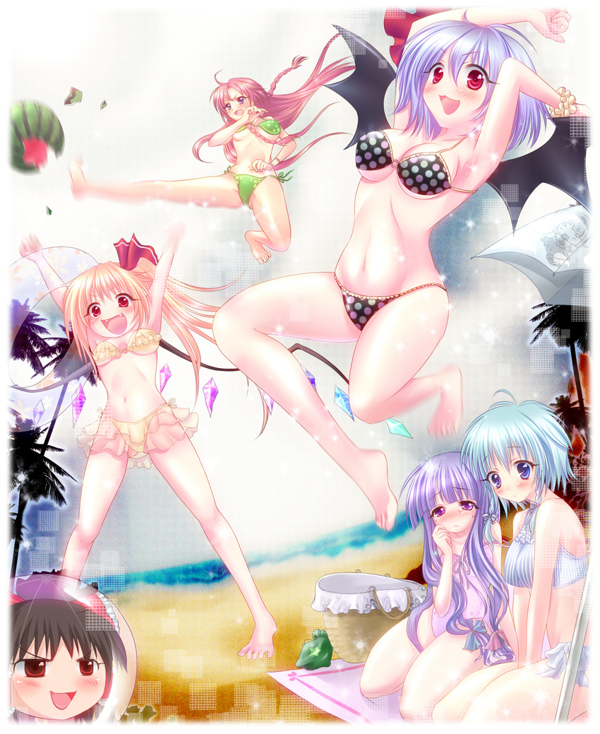 :3 armpits arms_up barefoot bat_wings beach bikini blonde_hair braid casual_one-piece_swimsuit fangs flandre_scarlet food frilled_bikini frills fruit hakurei_reimu high_kick highres hong_meiling izayoi_sakuya jumping kicking legs maryquant multiple_girls navel one-piece_swimsuit patchouli_knowledge polka_dot polka_dot_bikini polka_dot_swimsuit purple_hair red_eyes red_hair remilia_scarlet short_hair side-tie_bikini side_ponytail silver_hair suikawari swimsuit touhou twin_braids watermelon wings yukkuri_shiteitte_ne