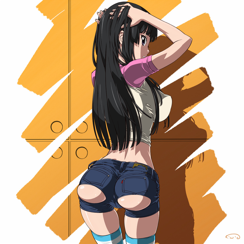 adjusting_hair akiyama_mio arms_up ass ass_cutout back black_hair breasts commentary covered_nipples crop_top denim denim_shorts fingernails from_behind hand_on_own_head highres hime_cut impossible_clothes impossible_shirt k-on! large_breasts long_fingernails long_hair looking_back purple_eyes raglan_sleeves shadow shirt short_shorts shorts solo standing striped striped_legwear suna t-shirt thighhighs torn_clothes