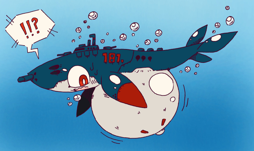 absurd_res air_bubble belly big_belly blue_body blue_tail blush blush_lines bodily_fluids eyelashes feral hage hi_res hyper hyper_belly hyper_inflation inflation living_machine living_submarine living_vehicle living_watercraft machine markings motion_lines navy open_mouth red_body red_eyes solo sweat tongue underwater vehicle water watercraft white_body