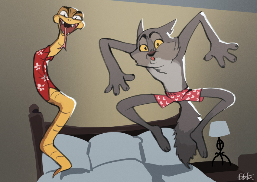 &lt;3 4_fingers anthro bed boxers_(clothing) boxers_only canid canine canis clothed clothing digital_media_(artwork) dreamworks duo feet fingers fur furniture grey_body grey_fur heart_underwear hi_res jumping jumping_on_bed kemokin_mania lamp male mammal mr._snake_(the_bad_guys) mr._wolf_(the_bad_guys) nightstand on_bed open_mouth pillow reptile scales scalie shadow smile snake teeth the_bad_guys toes tongue tongue_out topless topwear tuft underwear underwear_only wolf yellow_body yellow_scales yellow_sclera