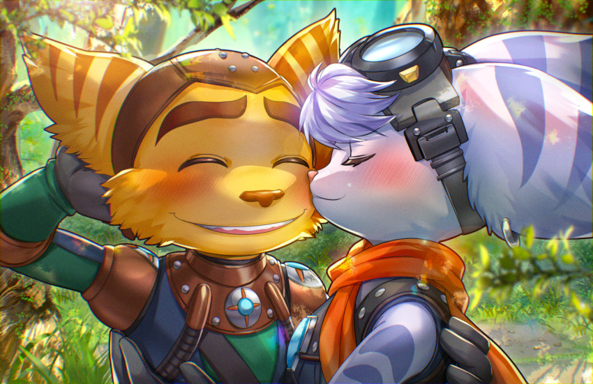 &lt;3 anthro blue_body blue_fur blush duo ekm_ekm_ekm embrace eyes_closed eyewear female fur goggles head_tuft insomniac_games lombax love male male/female mammal pink_nose ratchet ratchet_and_clank rivet_(ratchet_and_clank) romantic romantic_couple scarf smile sony_corporation sony_interactive_entertainment stripes tuft video_games yellow_body yellow_fur