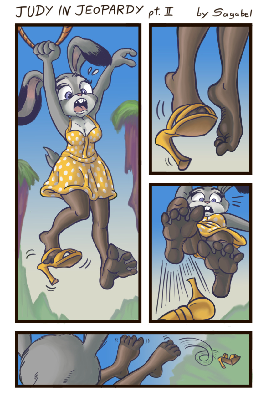 anthro breasts brown_clothing brown_legwear brown_pantyhose brown_tights cleavage cliff clothed clothing disney dress dropping_shoes feet female foot_focus hanging_by_arms hi_res holding_on judy_hopps lagomorph legwear leporid mammal nylon nylon_stockings pantyhose paws polka_dot_dress rabbit sagabel shoe_loss slipping solo stockings sundress tights translucent translucent_clothing translucent_legwear yellow_clothing yellow_dress zootopia