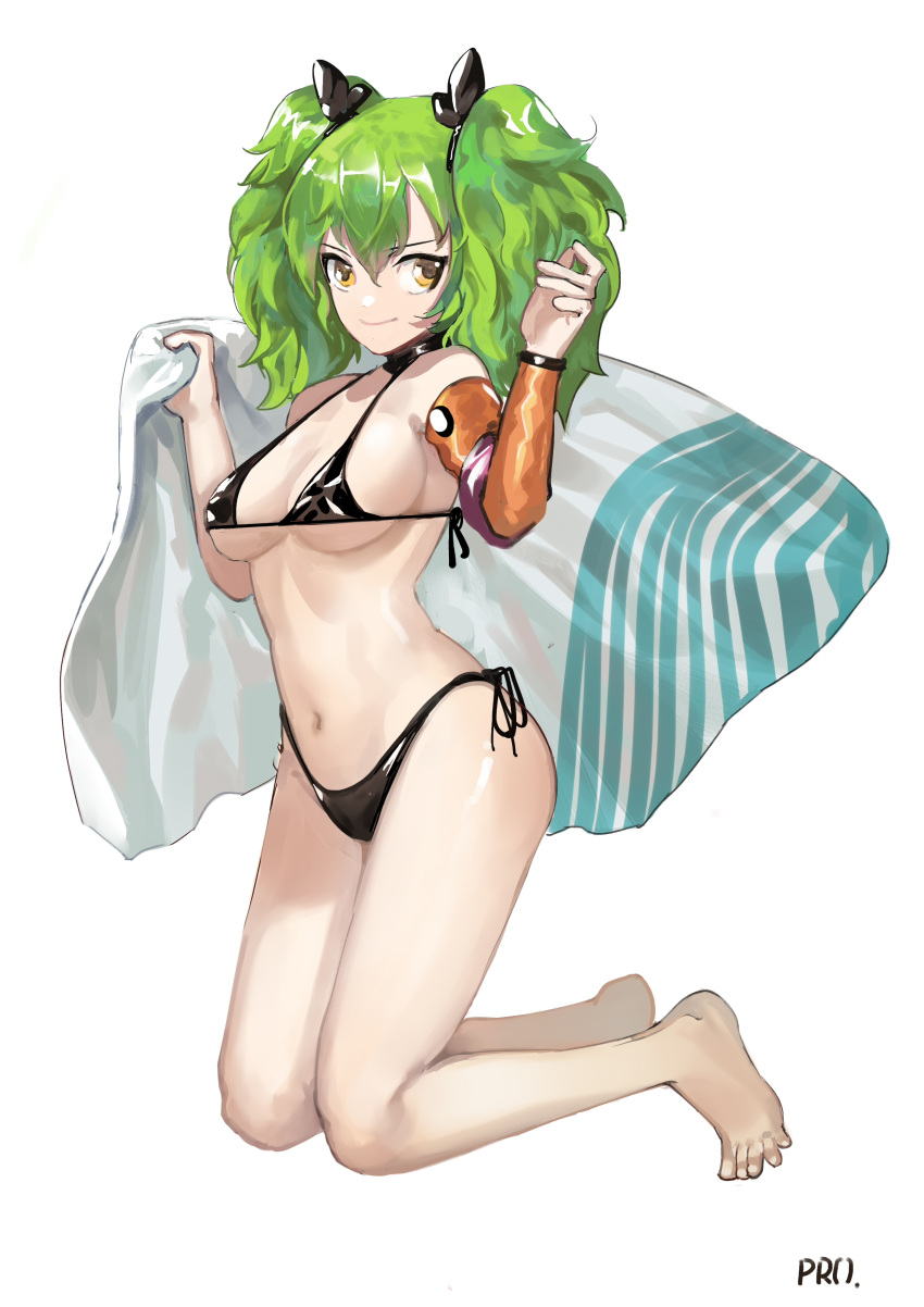 1girl absurdres bangs barefoot bikini breasts cleavage closed_mouth detached_sleeves feet full_body girls'_frontline green_hair hands_up highres holding holding_towel kneeling m950a_(girls'_frontline) medium_breasts medium_hair navel prossss signature simple_background single_detached_sleeve smile solo string_bikini swimsuit toes towel twintails white_background yellow_eyes