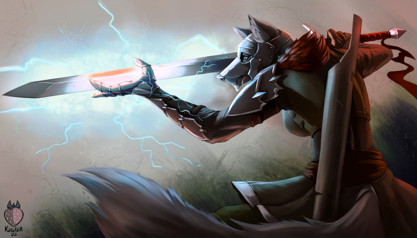 action_pose anthro armor armwear canid canine canis clothing female headgear helmet human kaislair knight magic mammal melee_weapon pose shoulder_pads simple_background solo sparks sword wallpaper warrior weapon wolf yuki_(blackinkwolf)