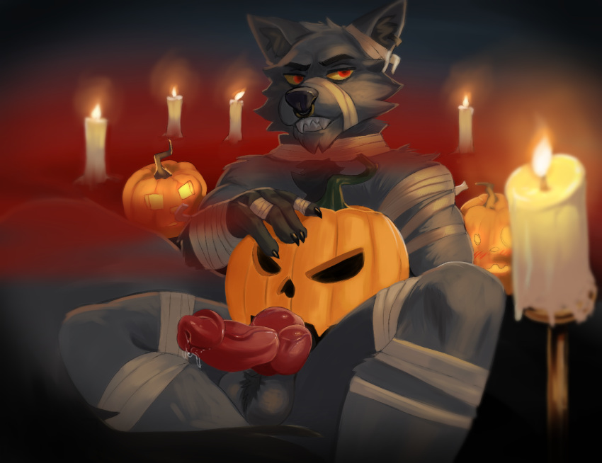 anthro balls bandage bodily_fluids candle canid canine canis dripping erection facial_piercing food fruit genital_fluids genitals halloween herrmoki herrmoki_(character) holidays knot male mammal nose_piercing penis piercing plant precum precum_drip pubes pumpkin red_eyes septum_piercing sitting_on_ground smile solo wolf yellow_sclera