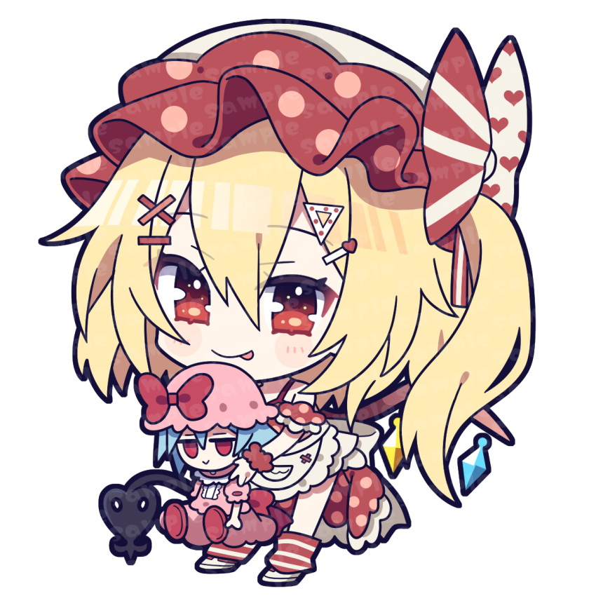 1girl :p alternate_costume apron blonde_hair bow chibi closed_mouth doll flandre_scarlet full_body fumo_(doll) hat hat_bow highres holding holding_doll internet_survivor laevatein_(touhou) looking_at_viewer one_side_up pink_headwear polka_dot polka_dot_headwear red_bow red_eyes red_headwear remilia_scarlet smile solo tongue tongue_out touhou waist_apron watermark white_apron yoriteruru