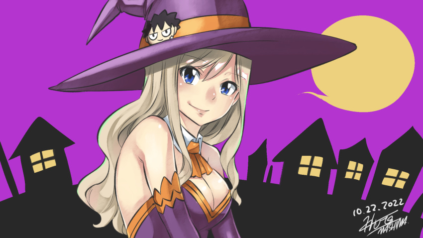 1girl bare_shoulders blue_eyes breasts cleavage dated detached_collar eden's_zero elbow_gloves gloves halloween halloween_costume hat highres large_breasts mashima_hiro moon neckerchief official_art orange_neckerchief purple_gloves purple_headwear purple_sky rebecca_bluegarden signature smile solo upper_body witch witch_hat