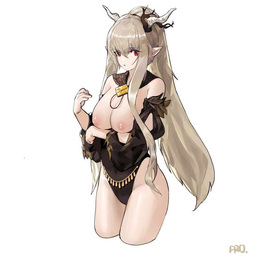 1girl absurdres arknights bangs black_one-piece_swimsuit breast_hold breasts cleavage covered_navel cropped_legs detached_sleeves grey_hair groin highres horns large_breasts long_hair looking_at_viewer nipples pointy_ears prossss red_eyes shining_(arknights) shining_(silent_night)_(arknights) sidelocks signature simple_background solo swimsuit white_background