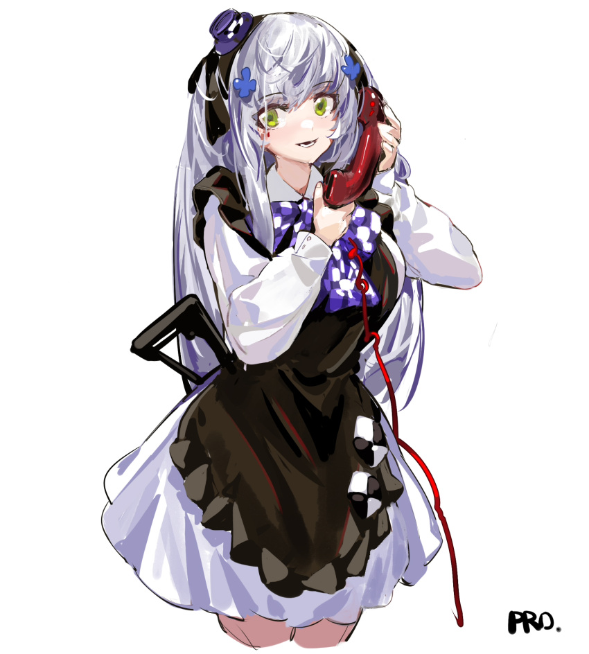 1girl apron bangs bow bowtie breasts collared_dress cropped_legs dress girls'_frontline green_eyes hair_ornament hairband hat highres hk416_(black_kitty's_gift)_(girls'_frontline) hk416_(girls'_frontline) holding holding_phone long_hair long_sleeves looking_at_viewer maid_apron medium_breasts mini_hat mini_top_hat open_mouth phone prossss signature simple_background smile solo top_hat white_background white_dress