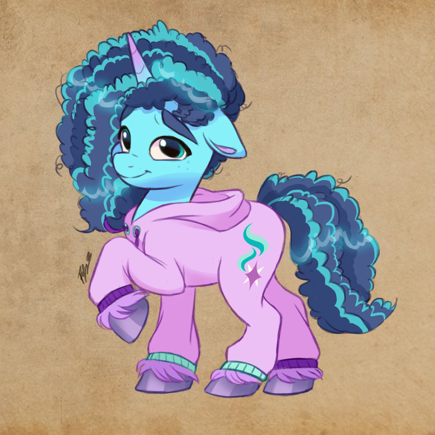 afro artharuhi blue_body blue_eyes blue_hair blue_tail clothing cutie_mark digital_media_(artwork) ears_down equid equine eyebrows female feral fetlocks freckles friendship_is_magic gradient_background hair hasbro hi_res hooves horn leg_tuft mammal misty_(g5) mlp_g5 multicolored_hair my_little_pony pajamas pivoted_ears purple_hooves shy simple_background smile starlight_glimmer_(mlp) thick_eyebrows tuft two_tone_hair two_tone_tail unicorn