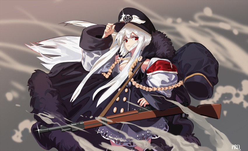 1girl absurdres aiguillette bangs black_coat black_headwear black_jacket blurry blurry_background bolt_action buttons closed_mouth coat coat_on_shoulders cowboy_shot double-breasted fur-trimmed_coat fur_trim girls'_frontline glint grey_hair gun hand_on_headwear hand_on_hip hand_up hat highres jacket kar98k_(girls'_frontline) long_hair long_sleeves looking_at_viewer mauser_98 peaked_cap prossss red_eyes rifle signature sling solo weapon