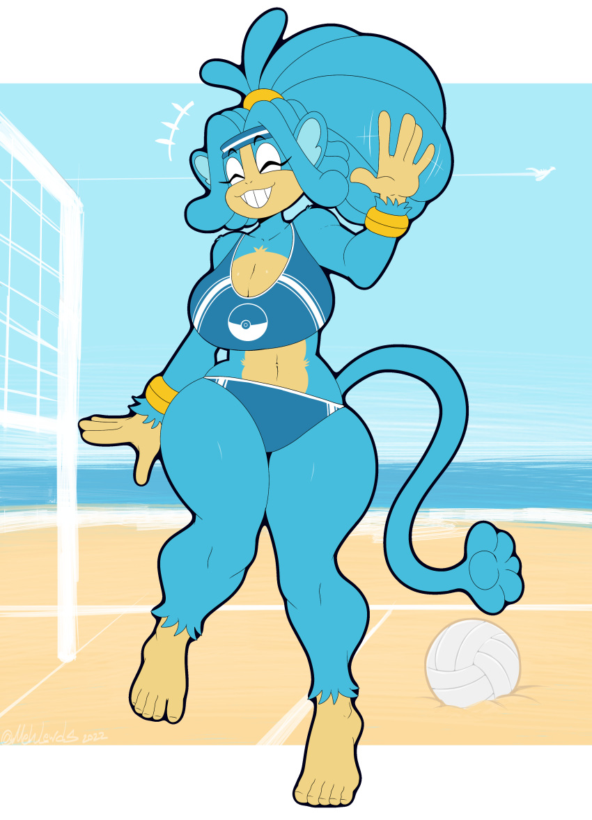 2022 5_fingers 5_toes absurd_res anthro ball beach big_breasts breasts cleavage clothed clothing eyes_closed feet female fingers generation_5_pokemon hi_res mehdrawings nintendo pokemon pokemon_(species) seaside shelly_(mehdrawings) simipour smile solo toes video_games volleyball_(ball) volleyball_net