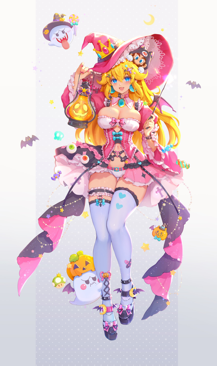 1-up_mushroom belt blue_eyes boo_(mario) breasts candy colored_eyelashes dress earrings food ghost halloween halloween_costume hat highres holding impossible_clothes jack-o'-lantern jewelry large_breasts mario mario_(series) mushroommirror navel pink_dress princess_peach short_shorts shorts simple_background skirt skirt_set thighhighs wand witch_hat