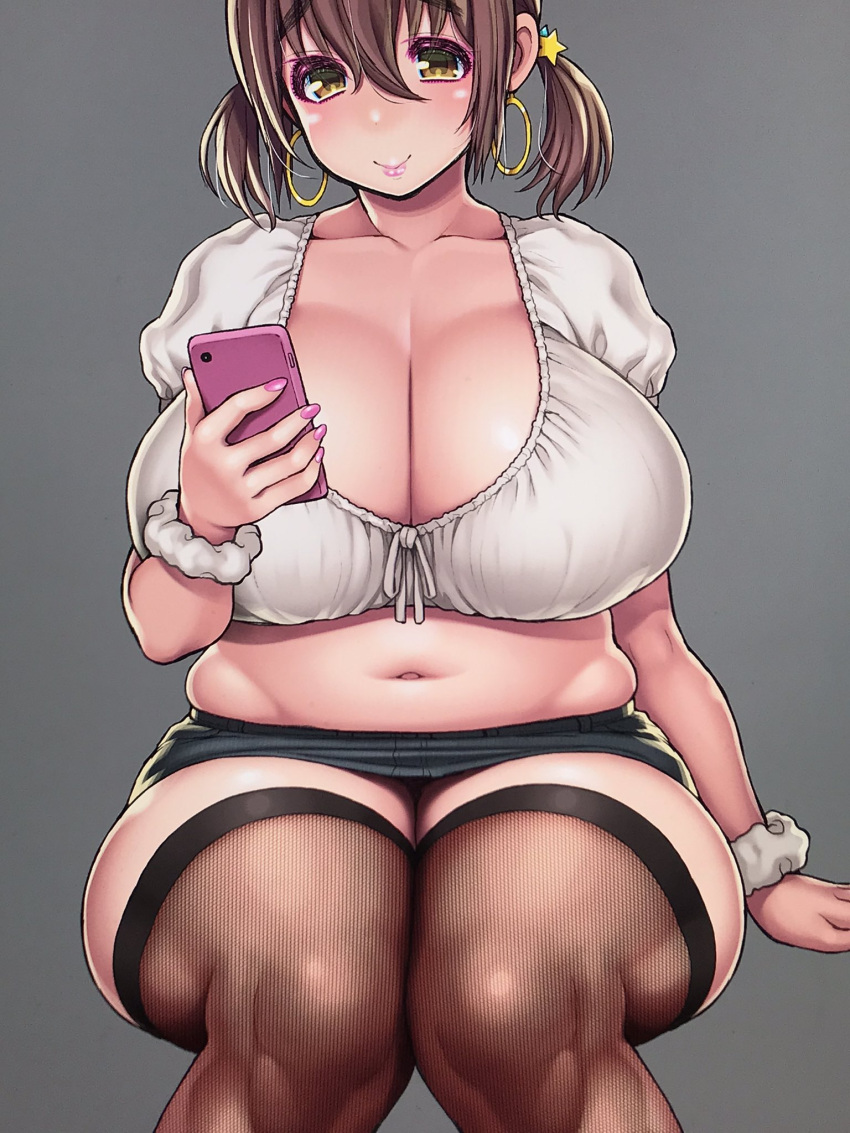 1girl belly breasts cellphone cleavage collarbone crop_top earrings fishnet_thighhighs fishnets highres hoop_earrings huge_breasts jewelry midriff miniskirt nail_polish navel original phone plump scrunchie short_twintails sitting skirt smartphone solo thick_eyebrows thick_thighs thighhighs thighs tsuji_santa twintails wrist_scrunchie