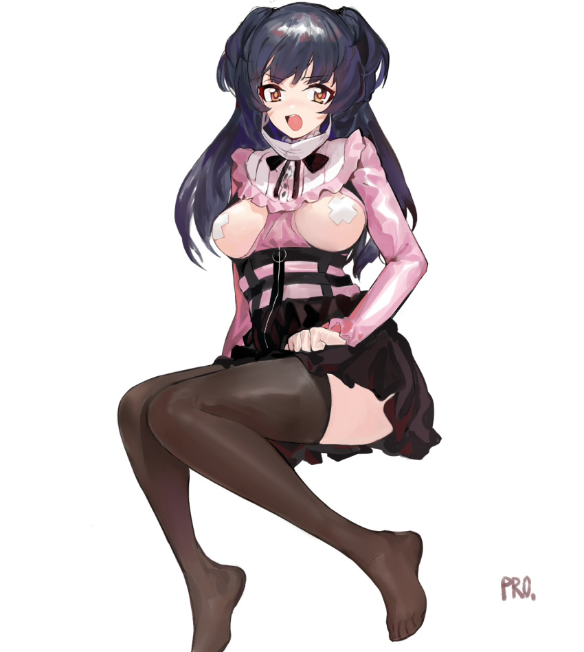 1girl bangs black_hair black_skirt blonde_hair breasts breasts_out brown_thighhighs cross_pasties frilled_shirt_collar frills highres idolmaster idolmaster_shiny_colors invisible_chair long_hair long_sleeves looking_at_viewer mask mayuzumi_fuyuko medium_breasts mouth_mask open_mouth pasties pink_shirt prossss shirt signature simple_background sitting skirt solo surgical_mask thighhighs two_side_up white_background