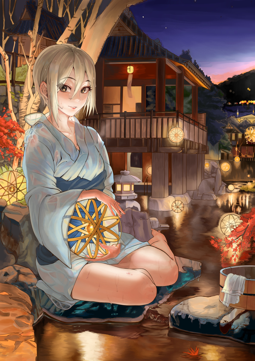 1girl absurdres bangs blonde_hair brown_eyes evening highres house idolmaster idolmaster_cinderella_girls idolmaster_cinderella_girls_starlight_stage japanese_clothes kimono lamp legs_folded lips looking_at_viewer night night_sky onsen outdoors robe shiomi_syuko short_hair sitting sky smile snarkhunt star_(sky) steam sweat towel tree water wet wet_clothes wet_hair