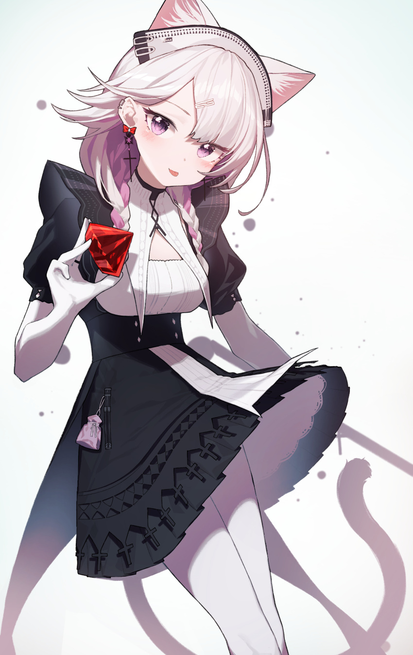 1girl :p absurdres animal_ears arknights beudelb black_dress blush braid breasts cat_ears cat_tail dress earrings elbow_gloves extra_ears feet_out_of_frame gem gloves grey_hair hair_ornament hairclip highres holding holding_gem jewelry kazemaru_(arknights) kazemaru_(like_illusion)_(arknights) long_hair looking_at_viewer maid maid_headdress multicolored_hair official_alternate_costume pantyhose pink_eyes pink_hair puffy_short_sleeves puffy_sleeves red_gemstone short_sleeves side_braids simple_background small_breasts solo streaked_hair tail tongue tongue_out white_background white_gloves white_pantyhose