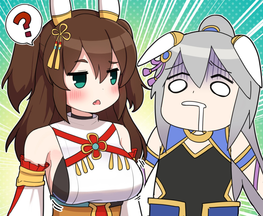 2girls ? alternate_costume alternate_hairstyle animal_ears breast_envy breasts brown_hair commentary_request gloom_(expression) grey_hair hair_between_eyes hair_ornament highres horse_ears horse_girl inari_one_(umamusume) inari_one_(yumeno_kanehara)_(umamusume) large_breasts long_hair multiple_girls omoiyori_omoikake_(umamusume) takiki tamamo_cross_(furious_narukami)_(umamusume) tamamo_cross_(umamusume) umamusume