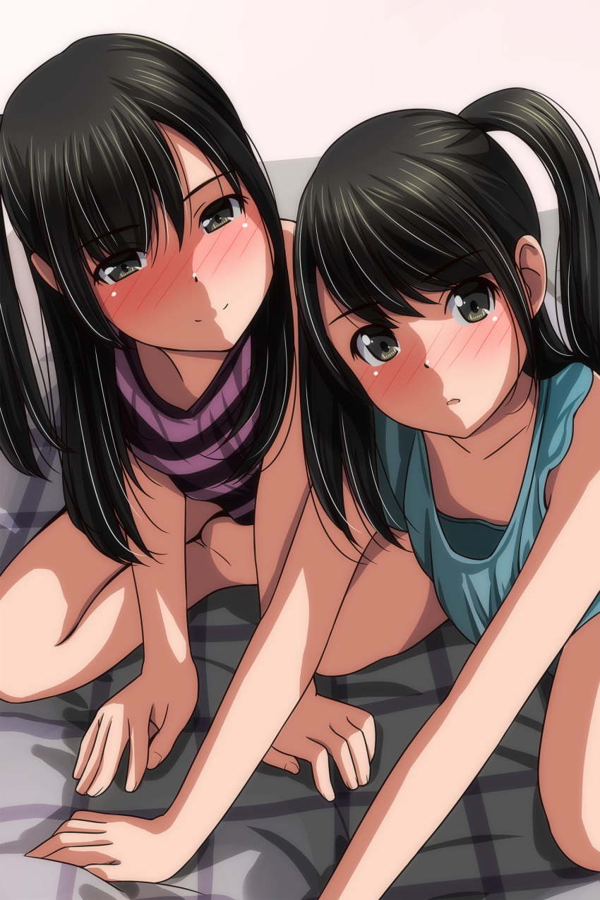 2girls absurdres bangs black_hair blue_shirt blush brown_eyes closed_mouth collarbone highres long_hair looking_at_viewer matsunaga_kouyou multiple_girls original parted_bangs parted_lips pink_shirt shirt side_ponytail sitting sleeveless smile striped striped_shirt