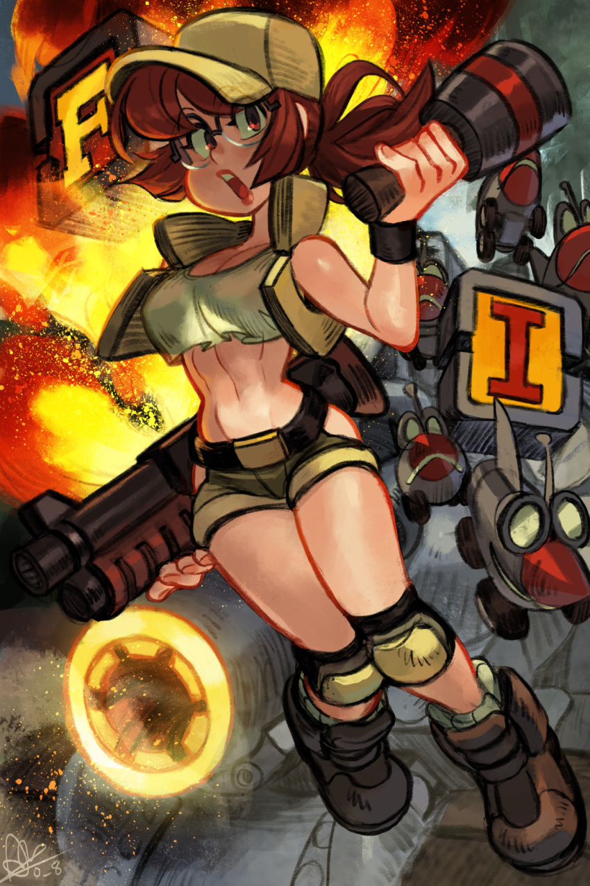 1girl abs alex_ahad belt boots breasts brown_eyes brown_hair cleavage crop_top explosion explosive fio_germi glasses grenade ground_vehicle gun highres holding holding_grenade holding_weapon knee_pads looking_to_the_side metal_slug military military_vehicle motor_vehicle narrow_waist open_clothes open_mouth open_vest ponytail rifling round_eyewear shorts shotgun signature tank vest vest_over_shirt weapon