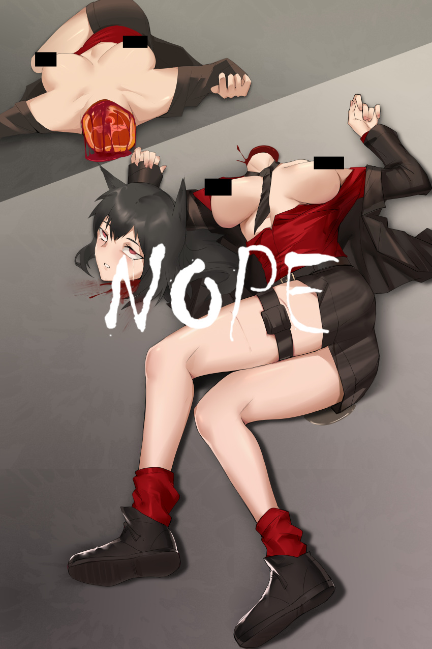 1girl absurdres animal_ears arknights artist_name black_gloves black_hair black_shorts blood breasts breasts_out censored censored_nipples corpse decapitation fingerless_gloves gloves guro highres nope_(1043571931) red_shirt red_socks severed_head shirt shorts small_breasts socks solo texas_(arknights) wolf_ears wolf_girl
