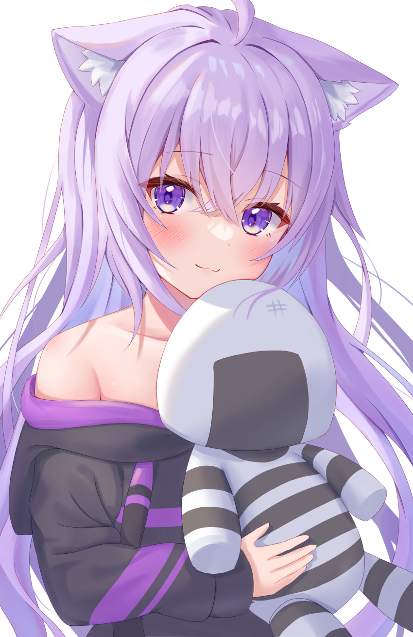 1girl absurdres ahoge animal_ears bare_shoulders black_hoodie blush cat_ears closed_mouth collarbone highres holding hololive hood hoodie long_hair long_sleeves looking_at_viewer nekomata_okayu onigirya_(nekomata_okayu) purple_eyes purple_hair smile solo thorny virtual_youtuber white_background