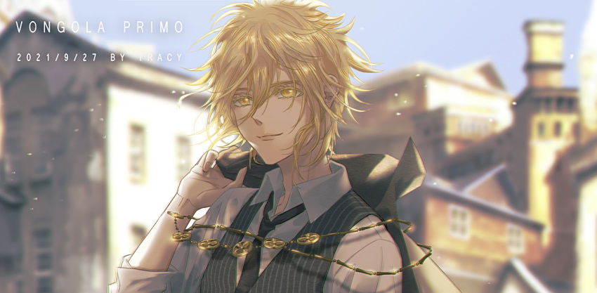 1boy artist_name black_cape black_necktie black_vest blonde_hair blurry blurry_background building cape chain character_name collared_shirt dated day giotto hair_between_eyes holding holding_cape holding_clothes katekyo_hitman_reborn! looking_at_viewer male_focus necktie open_collar pinstripe_pattern pinstripe_vest qwer00138 shirt short_hair sleeves_rolled_up smile solo striped town upper_body vest white_shirt yellow_eyes