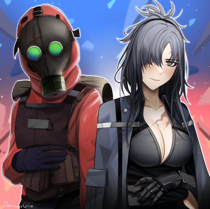 1boy 1girl ammunition_belt angelia_(girls'_frontline) artist_name bangs black_hair black_shirt blue_jacket body_armor breasts brown_eyes cleavage closed_mouth collarbone commander_(girls'_frontline) commission darkpulsegg english_commentary gas_mask girls'_frontline gloves highres hood hood_up jacket jacket_on_shoulders light_blush lips long_hair long_sleeves looking_at_another mask mechanical_arms medium_breasts purple_gloves red_jacket scar scar_on_breasts scar_on_face shirt simple_background single_mechanical_arm upper_body