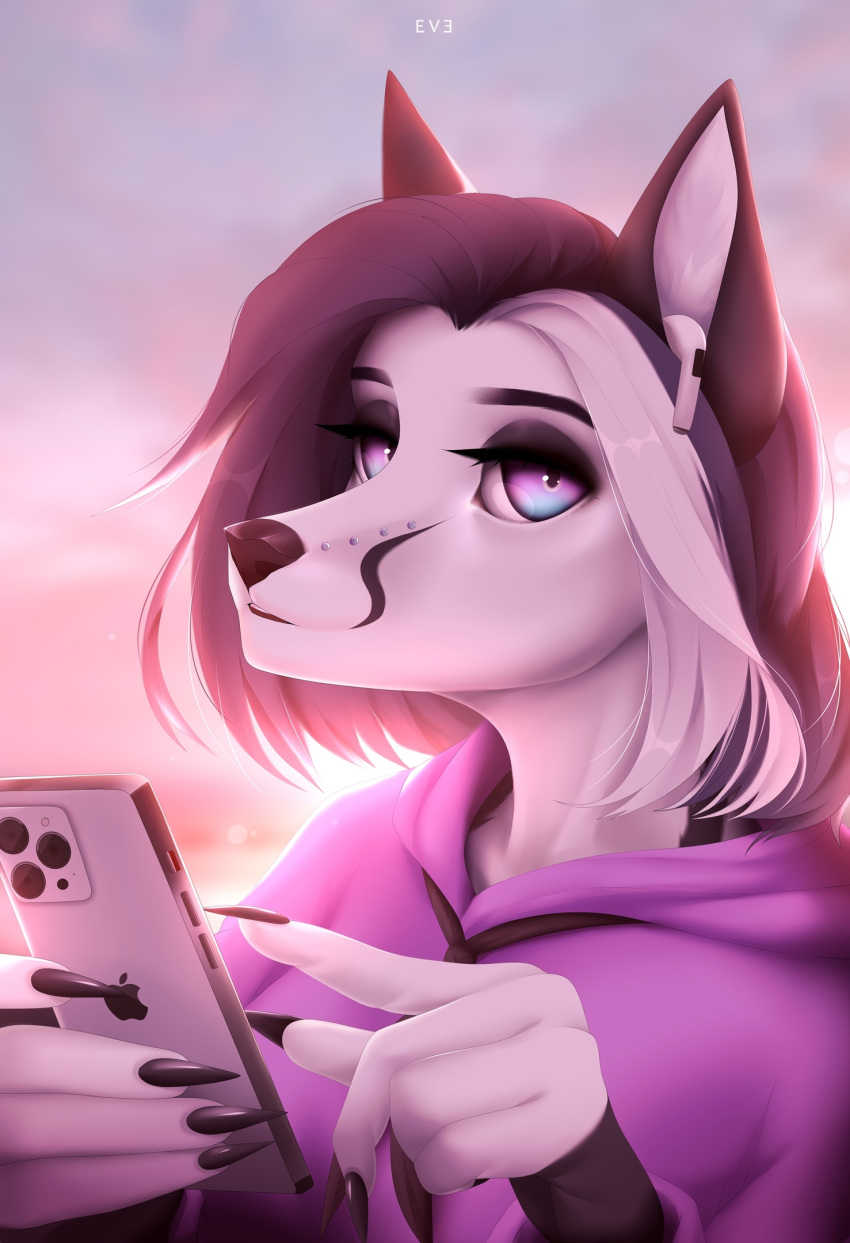 2022 anthro astreve black_nose canid canine digital_media_(artwork) earphone eyebrows eyelashes headshot_portrait hi_res looking_at_viewer male mammal piercing portrait purple_eyes solo